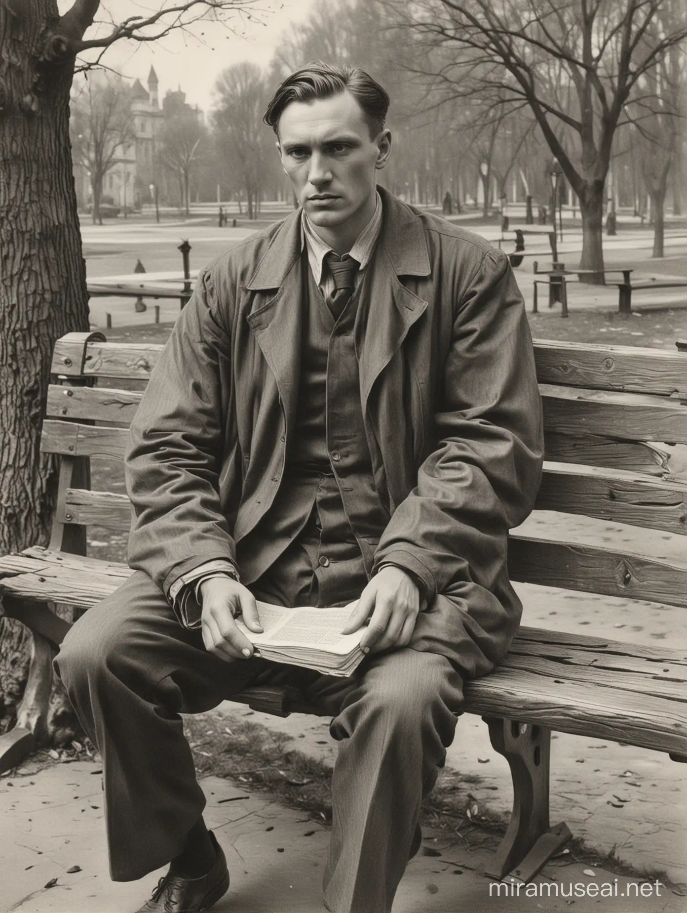 Russian Poet Vladimir Mayakovsky Sketching with a Pencil on Bench