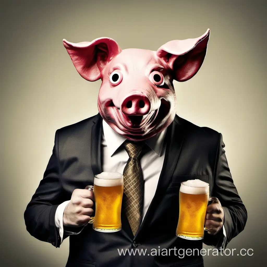 собака с маской свиньи и пивом в руках