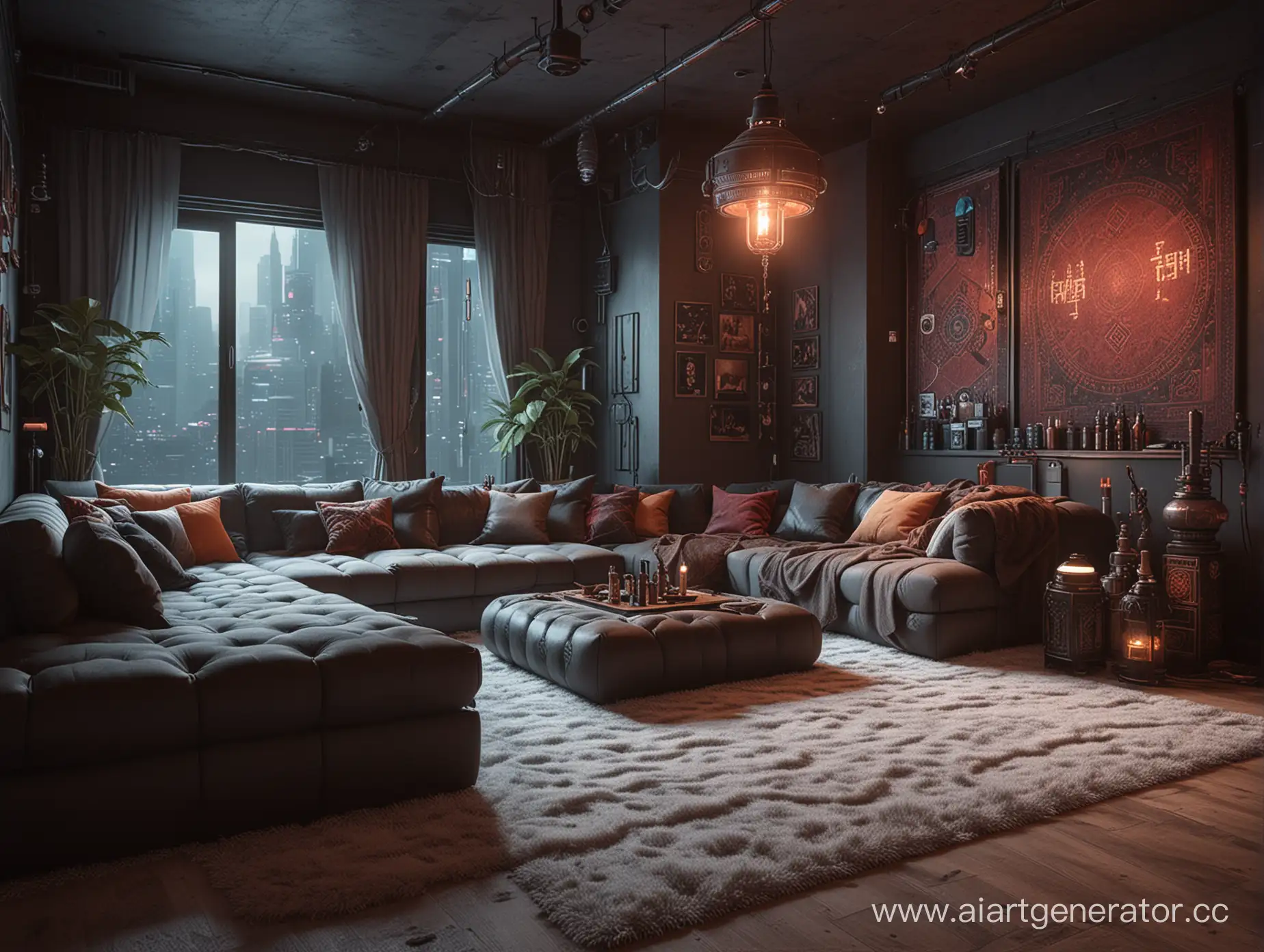 Futuristic-Apartment-Relaxation-Cyberpunk-Scene-with-Hookah-and-HighTech-Comfort