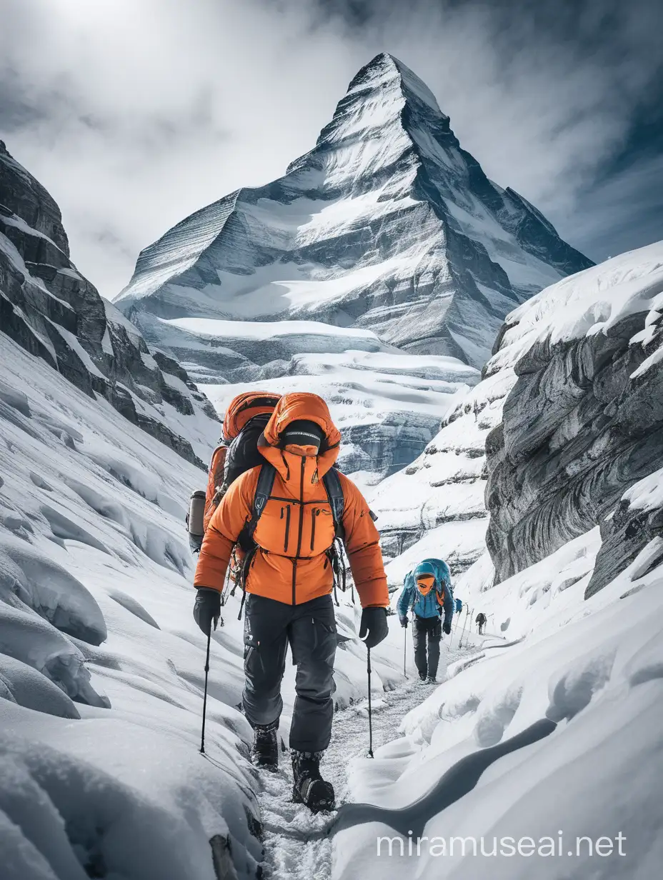 an explorers in the middle of image, navigating through a snowy wilderness, with EIGER-branded winter gear keeping them warm as they trek.
