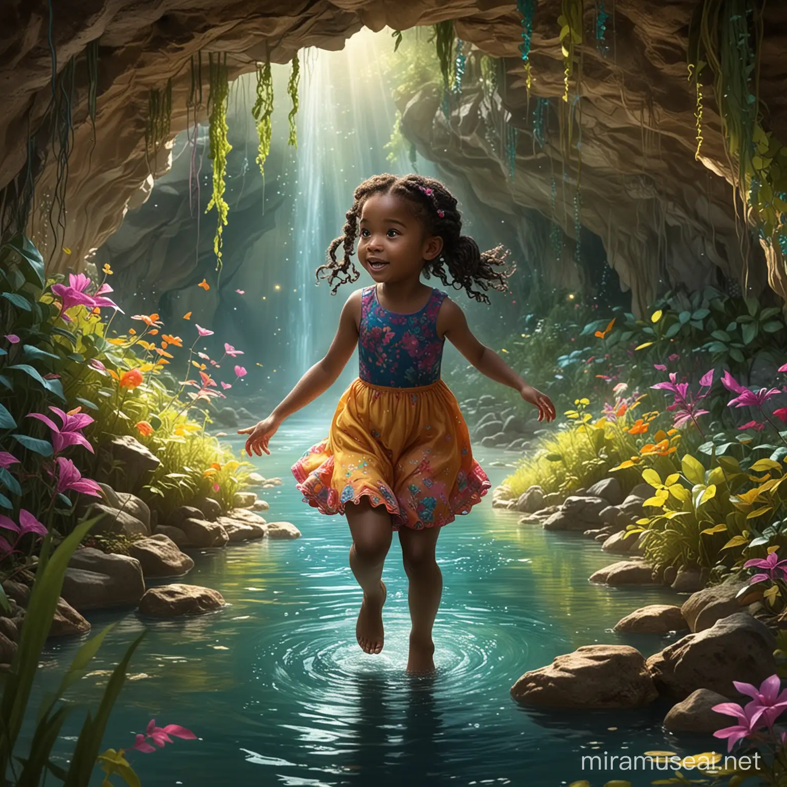 Playfully skipping and giggling, 5-year-old Jamaican Chinny bravely enters the hidden cave covered in colorful vines and sparkling with mystery, her pigtails bouncing with each step. Inside, she finds herself in awe of the dazzling lagoon glowing with colors she had never seen before in a stunning Digital illustration.