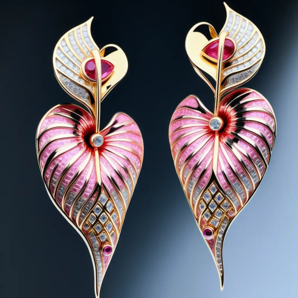Anthurium inspired statment earring with pink saphired and diamonds and other colour stones and gold. Large grand. Retro. Abstract 