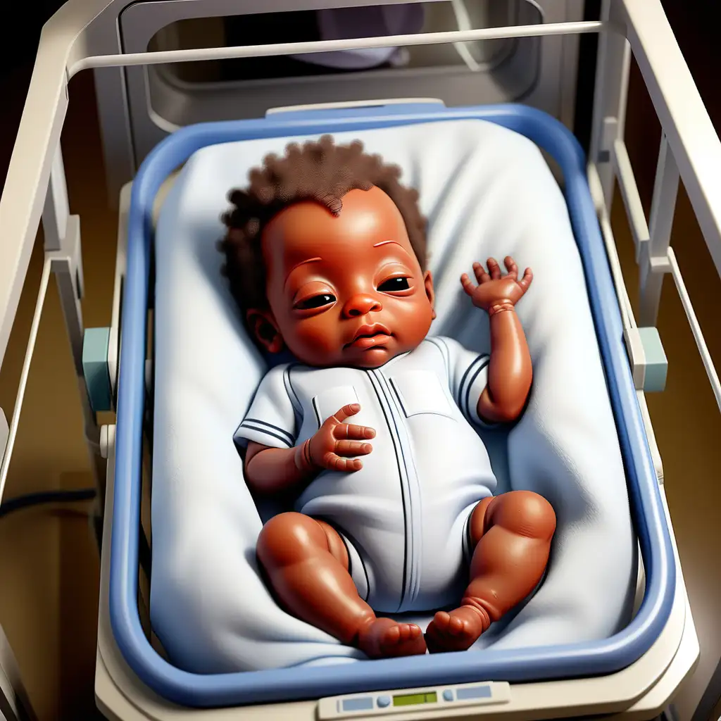 childrens book style, african american newborn baby boy in hospital in incubator