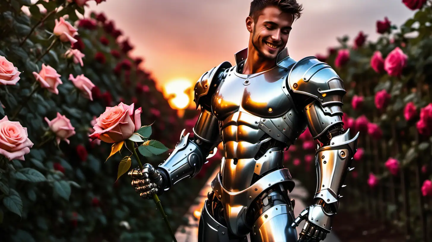 Handsome male robot knight short hair stubbles shirtless muscular hairy gauntlets leg armor very sweaty oiled up dripping wet rose garden holding a rose smiling sunset
