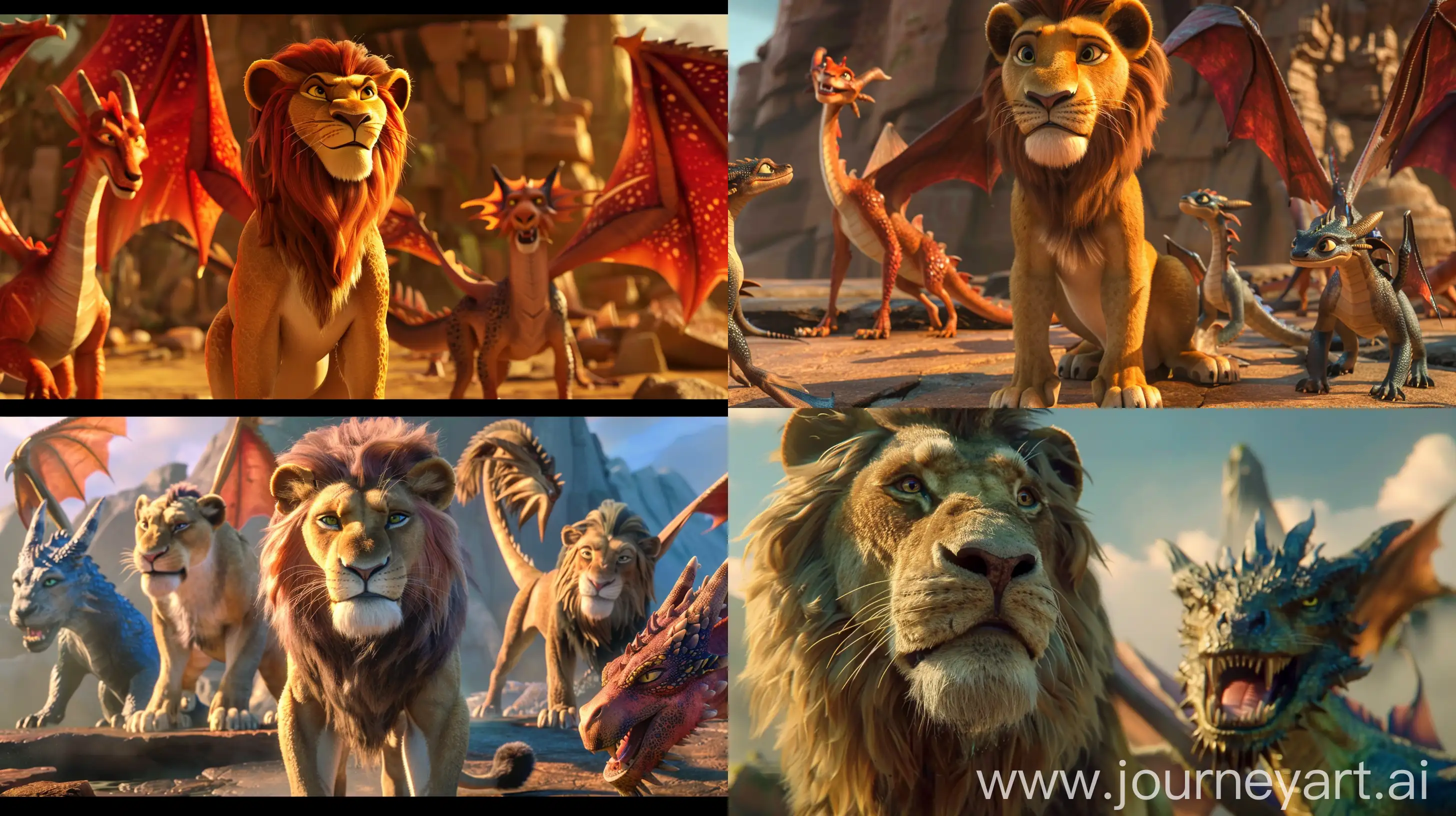 The quality of the animation, close to reality, playing cool lions mixed with dragons. --ar 16:9