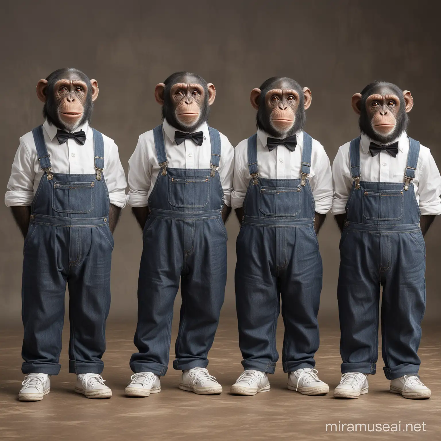 4 standing chimpanzees wearing overalls with white sneakers and bow ties, looking at camera, high quality, rich in details