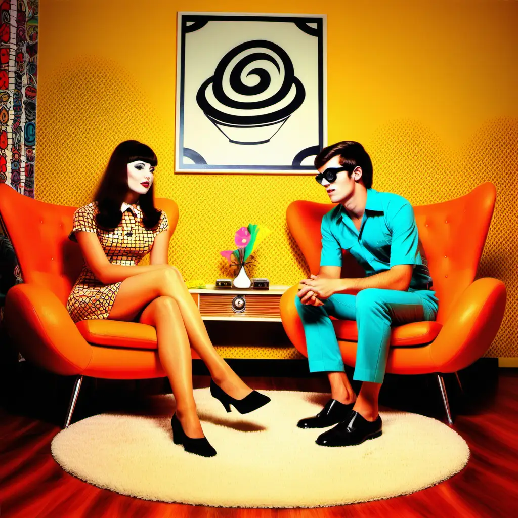 two friends sitting in a 60's style living room, pop art style 