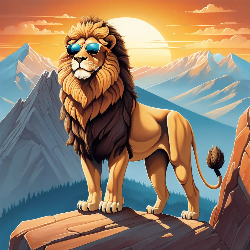 "Create an illustration of a majestic lion wearing sunglasses, standing on a mountain peak with a sunset in the background. The lion should have a confident and relaxed posture, with the sunglasses adding a touch of coolness to its demeanor. The mountain should be tall and rugged, with the sun setting behind it, casting warm colors across the sky. The overall scene should convey a sense of strength, confidence, and natural beauty."
