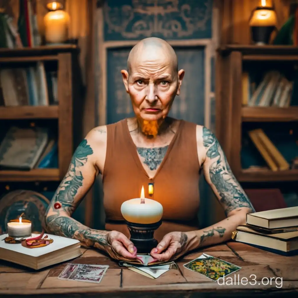 45 years woman, bald, with tattoos, with tarot cards. sits at a table, on which stands a magic glass ball, books and a burning candle. She is in old wooden house , natural appearance.