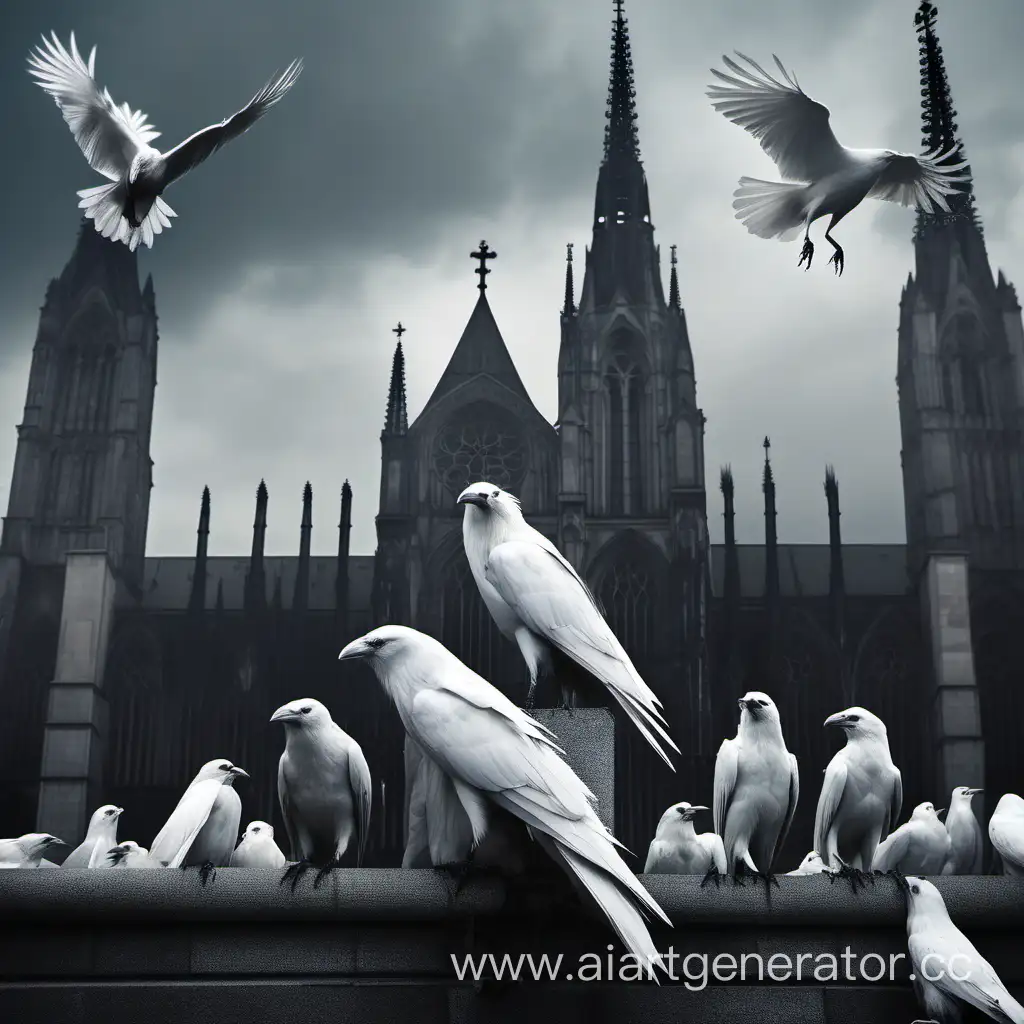 white crows against the background of a gloomy gothic cathedral