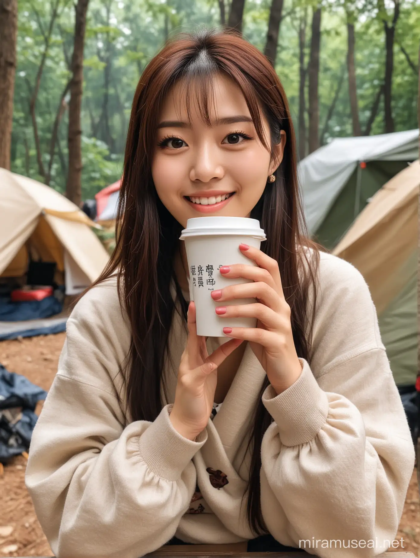 Chinese Internet Celebrity Enjoying Coffee in a Cozy Camping Ambiance