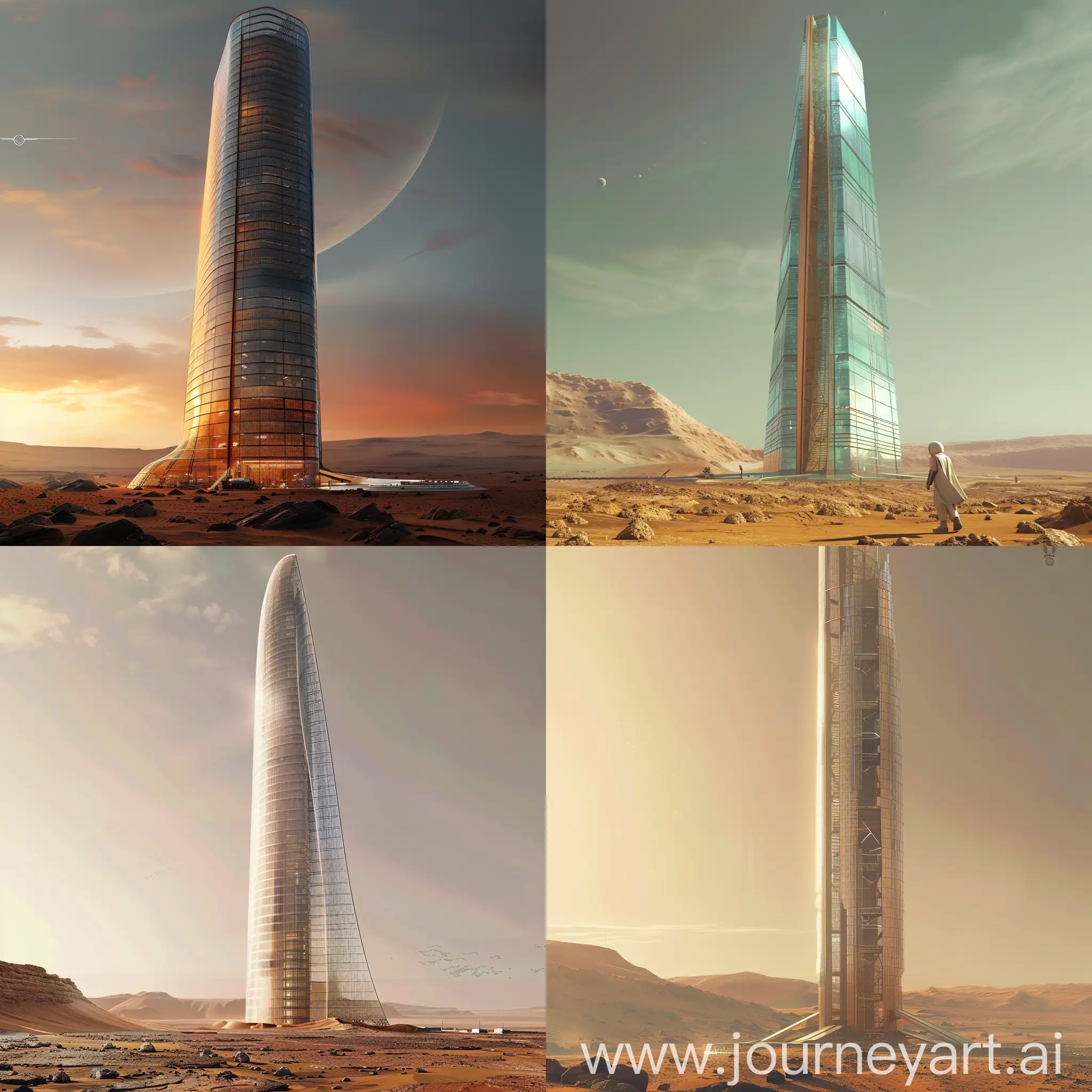 Create a futuristic glass skyscraper on Mars.