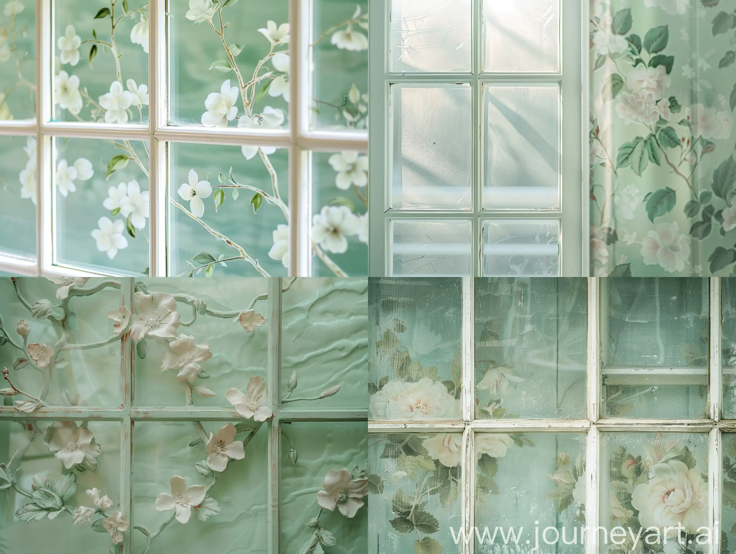 Fachada verde salvia claro de florería en close up del Cristal de la ventana vista semi lateral en fotografía realista 