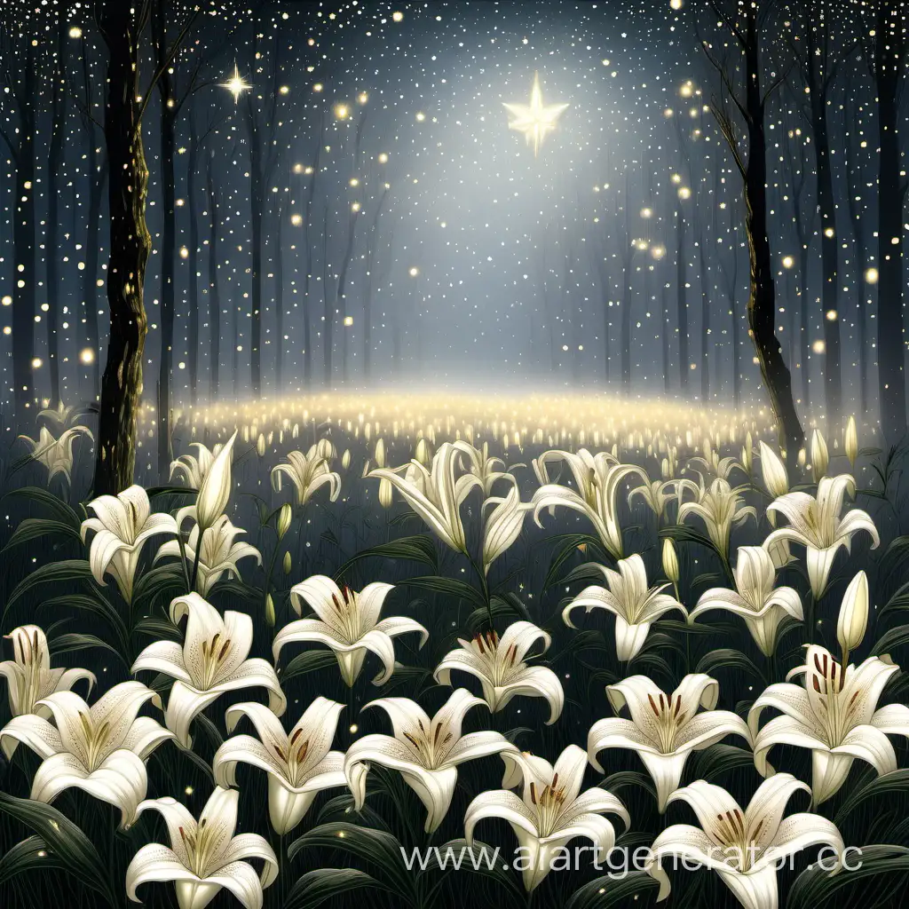 поле бело-золотых лилий с звёздной или туманной ночью в лесу