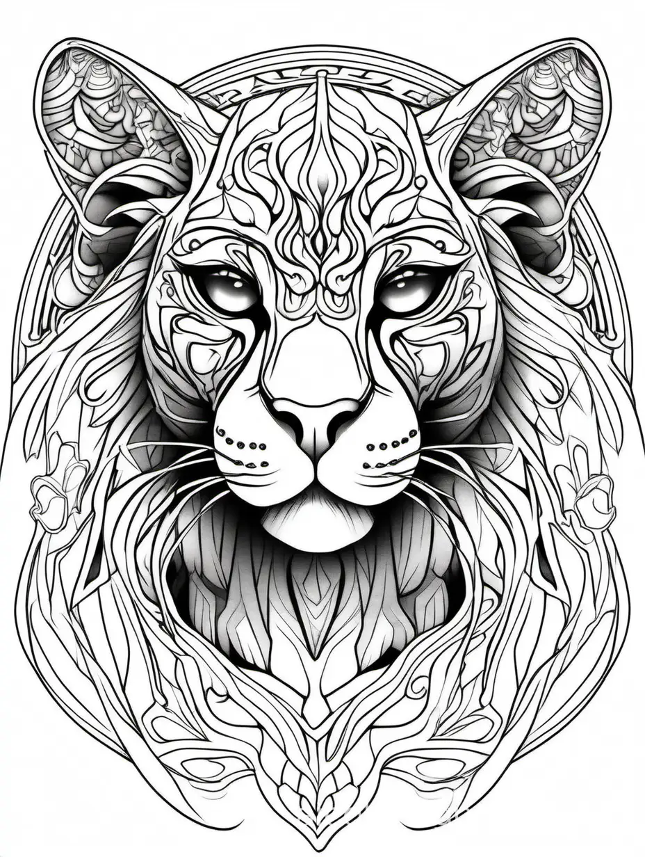  panther , fantasy, ethereal, beautiful, Art nouveau, in the style of Yossi Kotler, fantasy, Coloring Page, black and white, line art, white background, Simplicity, Ample White Space. The background of the coloring page is plain white to make it easy for young children to color within the lines. The outlines of all the subjects are easy to distinguish, making it simple for kids to color without too much difficulty 