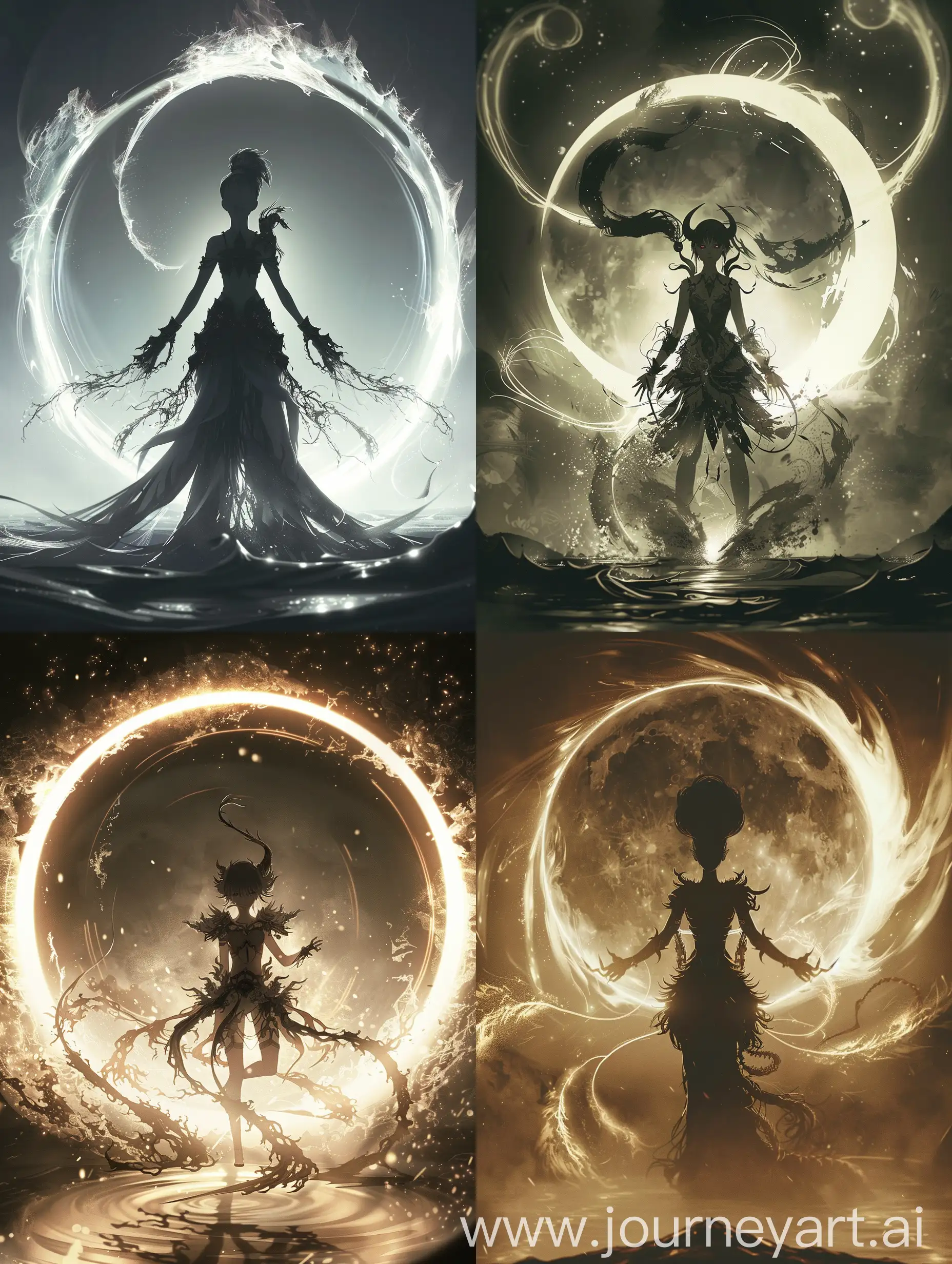 2D anime graphics
Envision a scene from a dark fantasy world, similar to Fate/Stay Night, where a female demon child god is clearly visible and preparing a powerful attack. She stands at the center, with intense focus and determination on her face. Behind her, a magnificent arc that closely resembles the moon illuminates her silhouette, enhancing the mystical and ominous ambiance of the scene. This moonlike arc is not just a backdrop; it's actively involved in the attack preparation, with magical energy flowing from it towards her hands, signifying the gathering of a potent force. The energy is visualized as a mixture of ethereal light and shadowy tendrils, swirling around her, ready to be unleashed. Her attire is elaborate, with demonic and godly motifs, symbolizing her unique heritage and power. The setting is tense, with the surrounding environment reflecting the gravity of her impending attack, bathed in the soft, yet foreboding light of the moon arc.