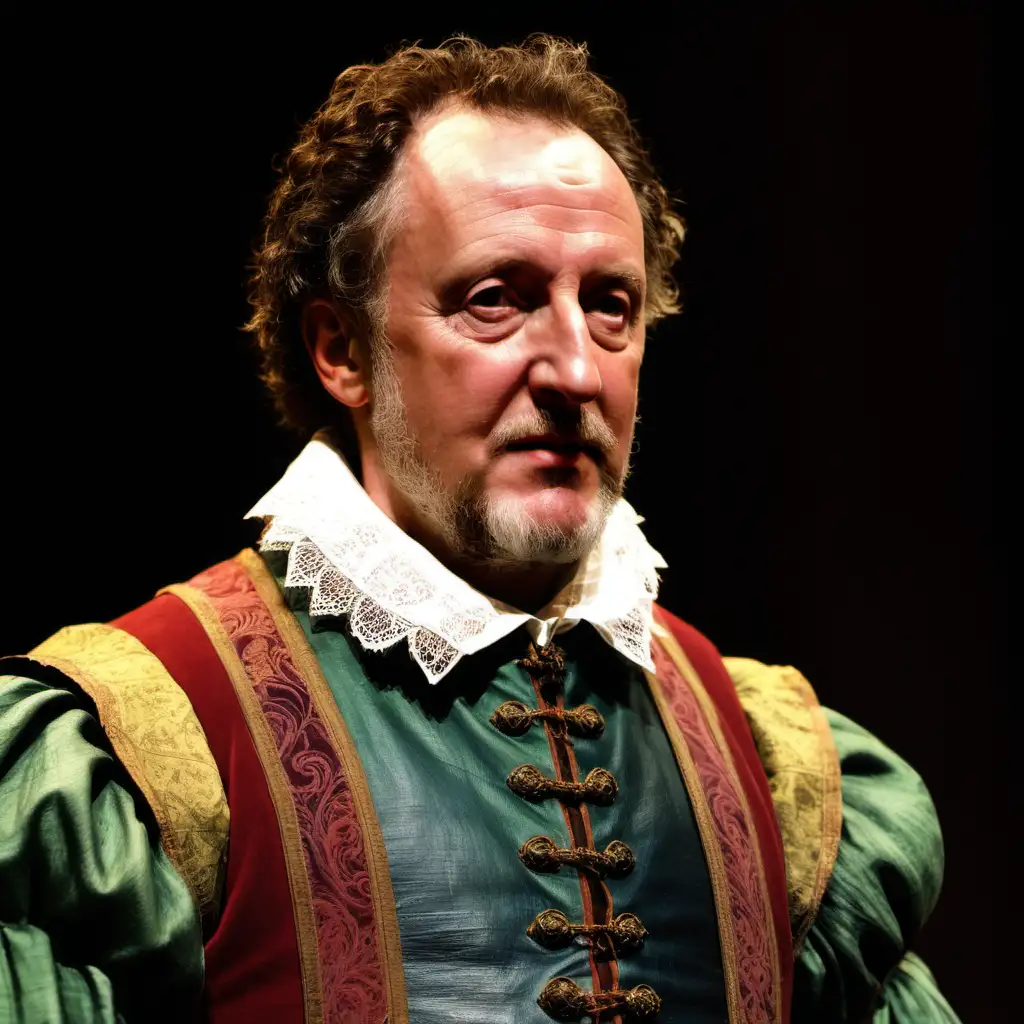 A color profile photo of Shakespearean actor Richard Burbage, set in 1600, set on the theatre stage