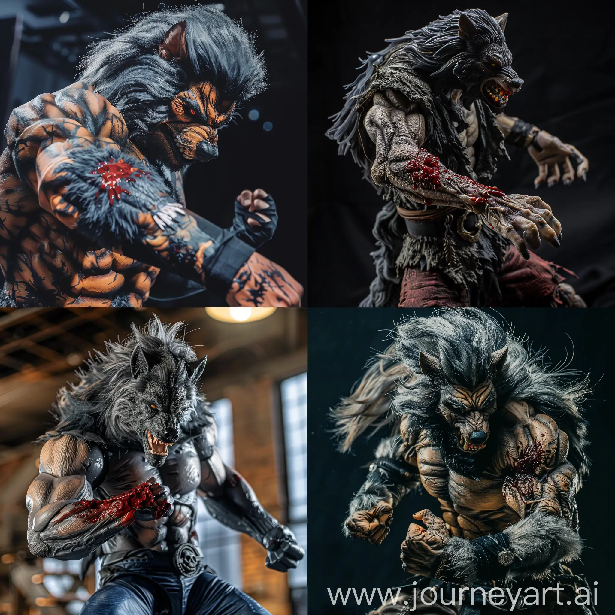 Werewolf with carnage manica on his forearm, grimdark, ready to fight, grey and black hair, imposing, 6.5 feet tall