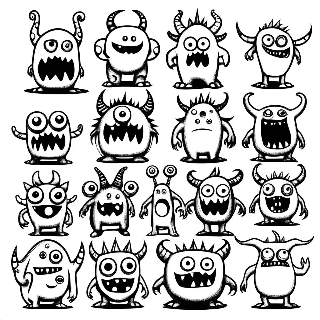 /imagine simple black and white outline drawings of cute, funny monsters. quirky. not too scary. no shading or tones. white background only. different sized monsters on the page. -no shadow. no shading --ar 9:11