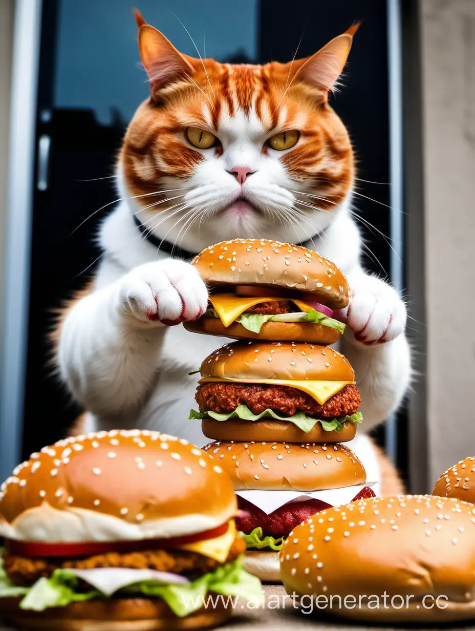 Fat cat Ginger greedily eats a lot of burgers with his paws
