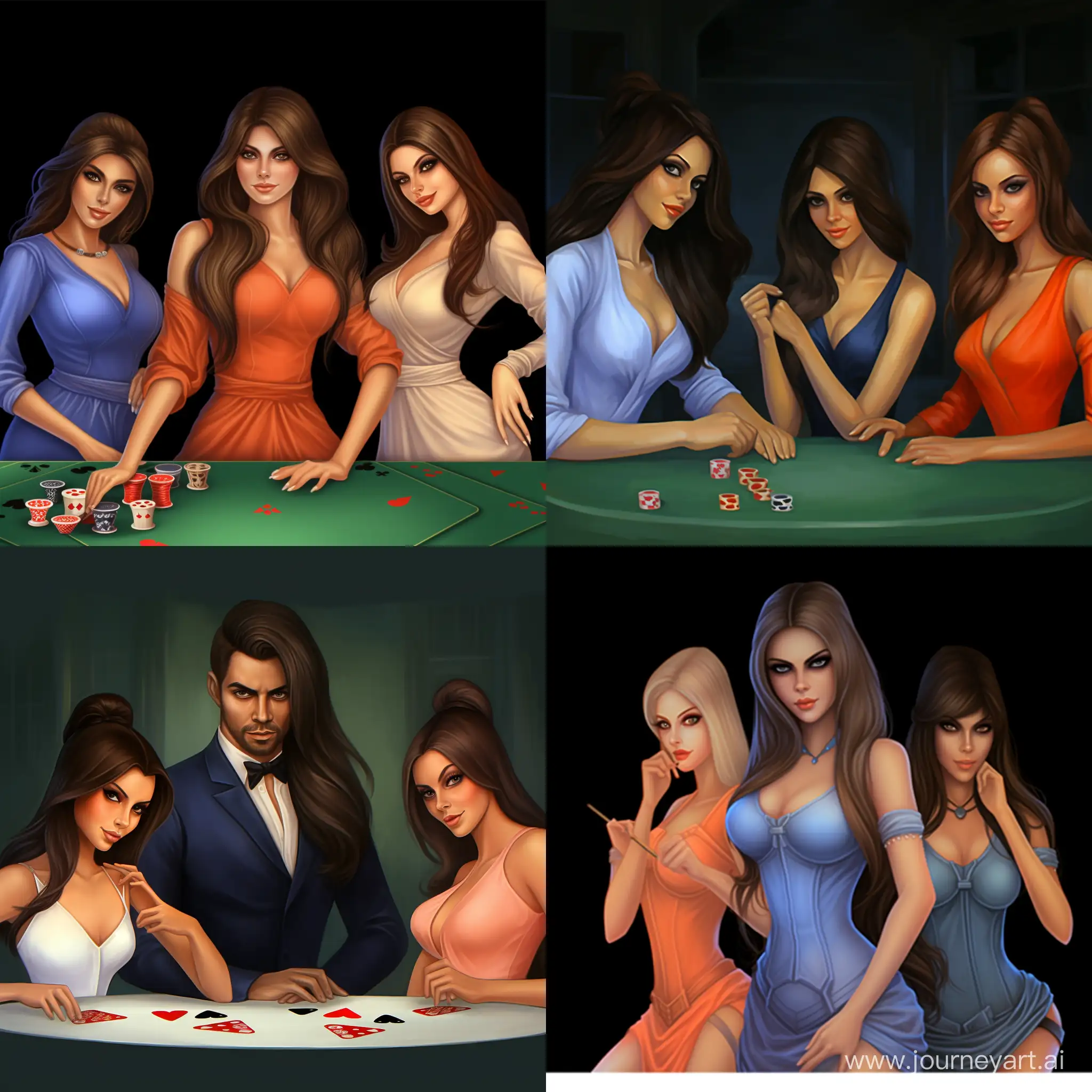 Please, paint picture with 3 good-looking girls. They are business ladies. First-one the artist, second-one the IT specialist, and third one the game expert. They make money.
