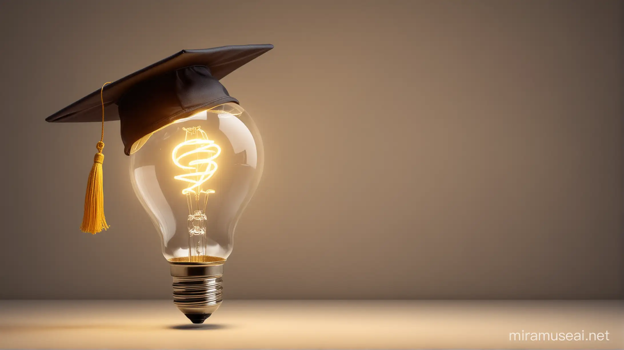 glowing flowing education light bulb, with graduation hat, the light bulb is one tenth the size of the image and located on the right of the image. 