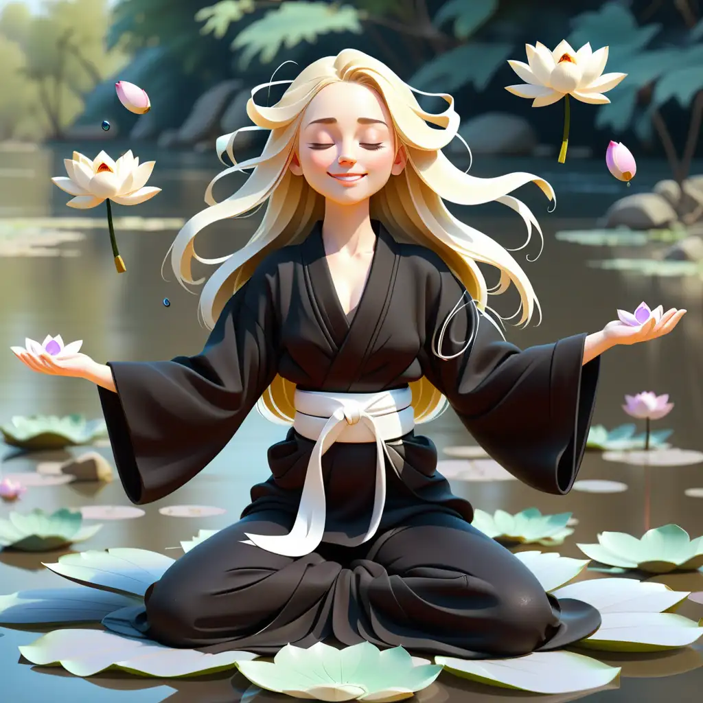 Serene Levitation Blonde Girl Meditating in Kimono by Riverbank