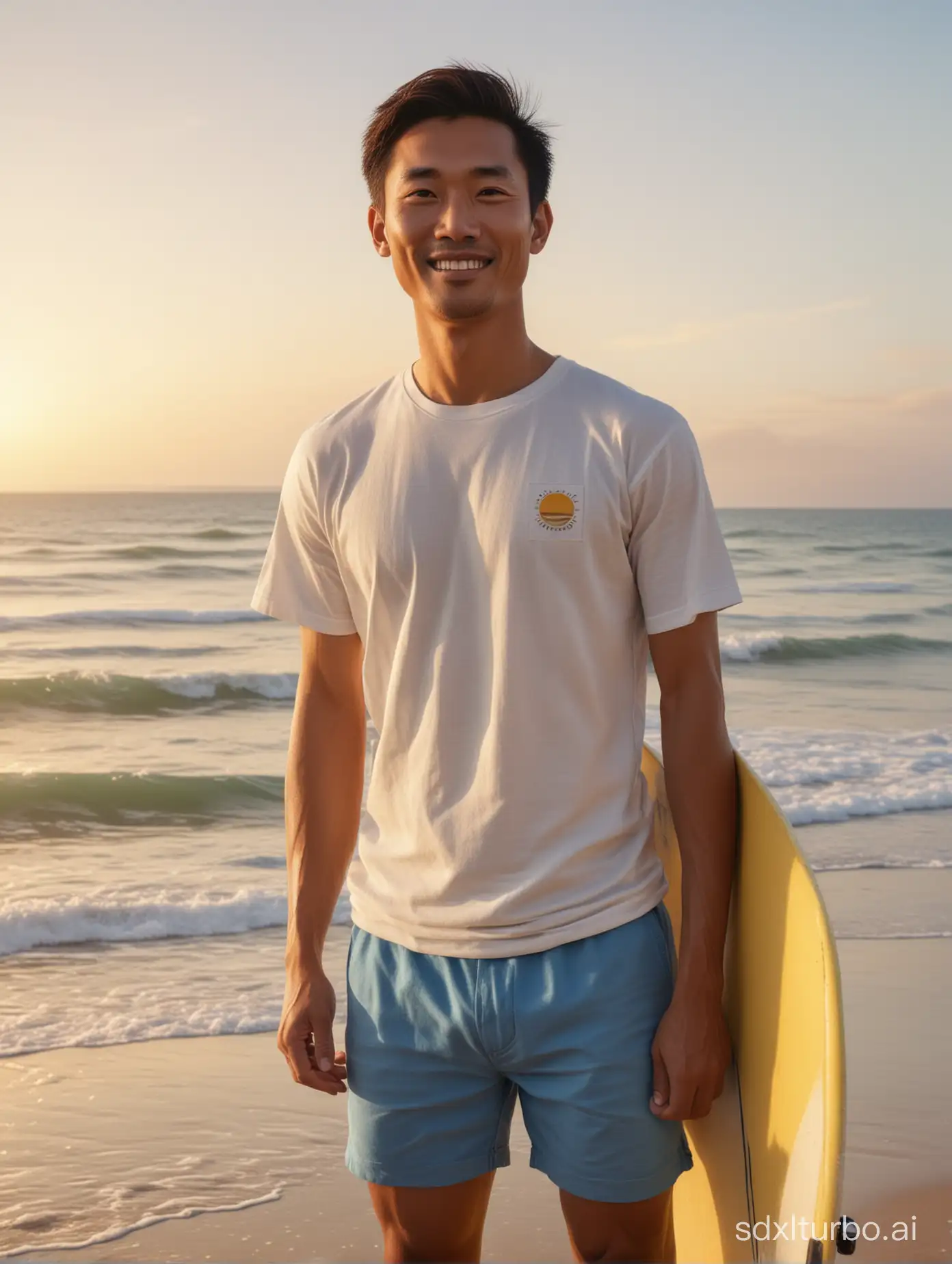 Chinese-Surfing-Coach-Enjoying-Sunset-on-Golden-Beach-with-Surfboard