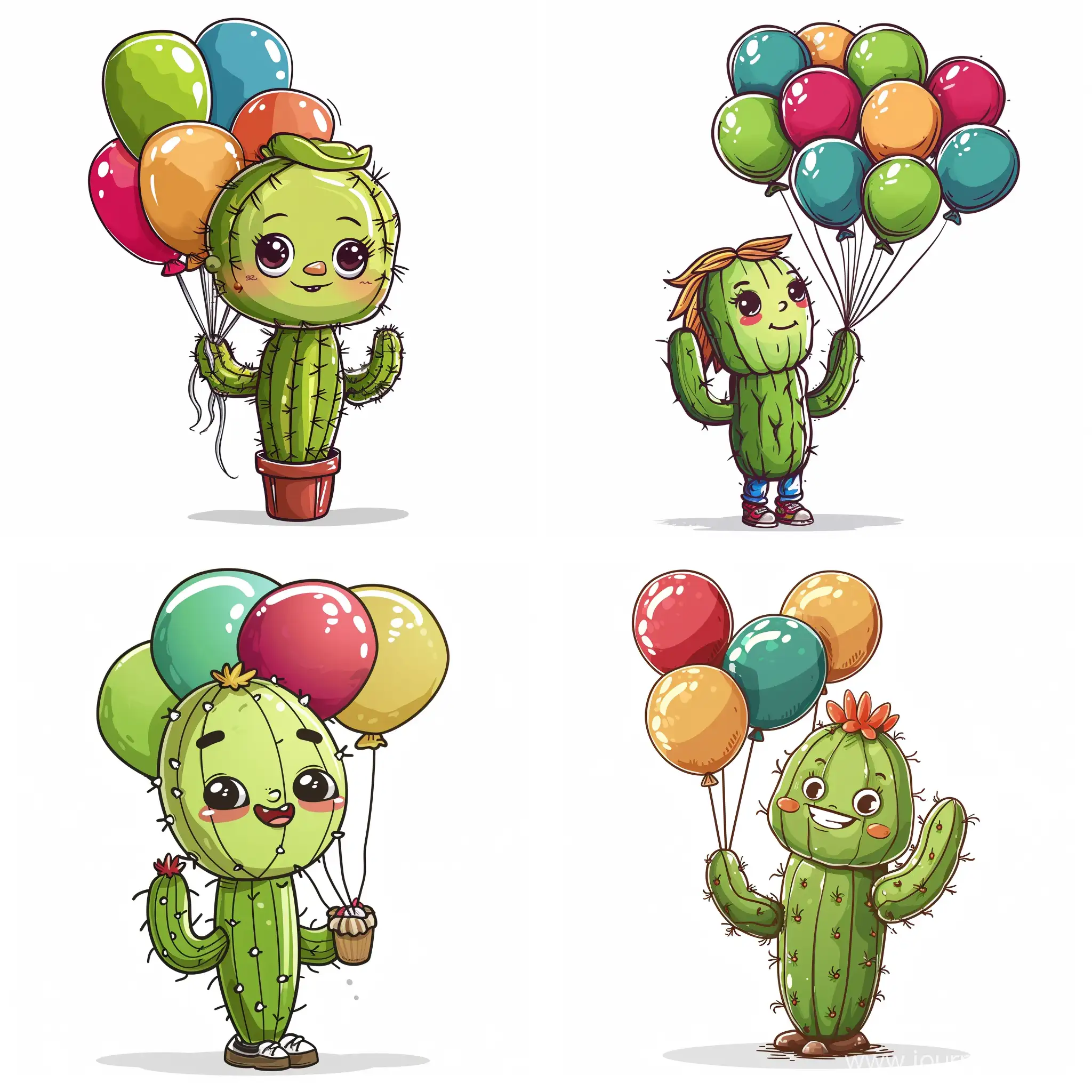 Cartoon character of a cactus with balloons in her hand .she appears to be selling balloons. Vector drawing illustrator on white background. 