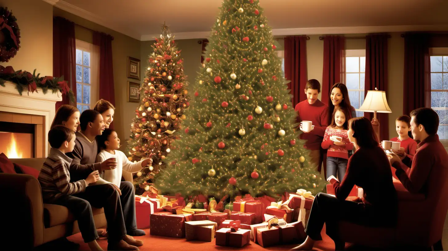 Festive Family Christmas Tree Celebration with Carols and Cocoa