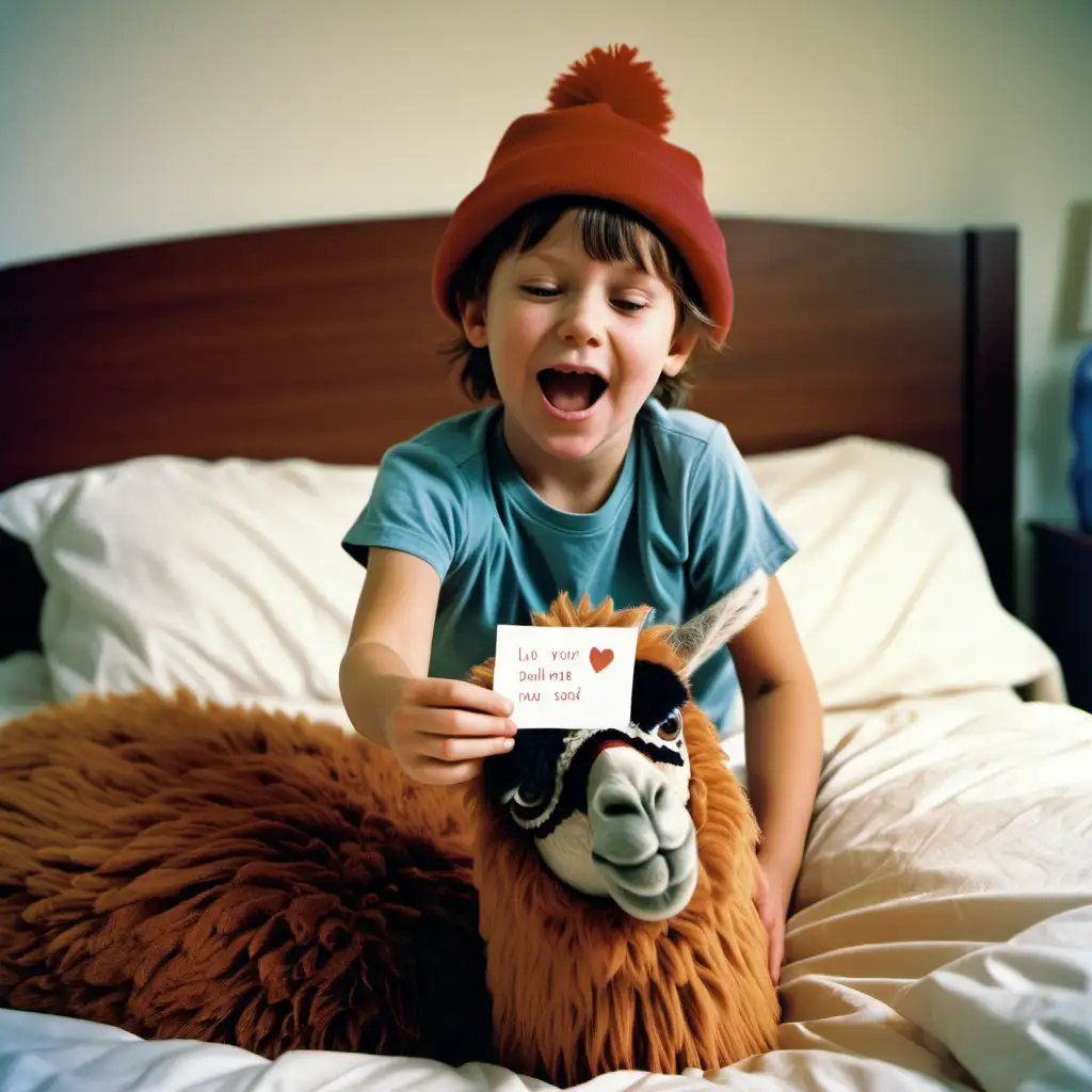 young mother in bedroom of 6 year old son having fun. Mother is holding a card and is pointing. Son is laying in bed and almost sleeping. there is a stuffed llama with a sleeping hat on as a toy. Shot with Kodak Gold 400