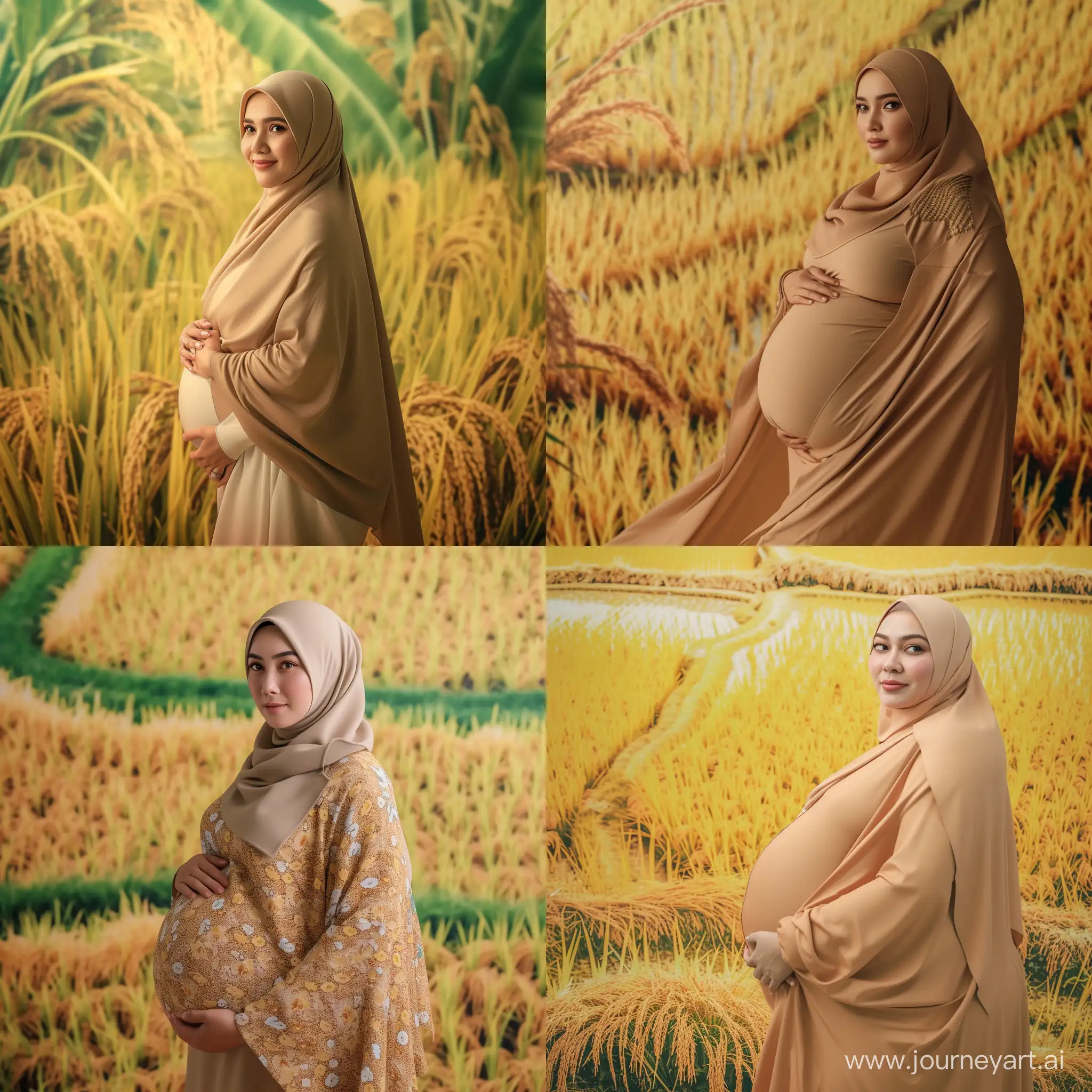 photo realistik, 8k, wanita indonesia, cantik, umur 40 tahun, badan gemuk, memakai jilbab, latar persawahan dengan padi yang sedang menguning
