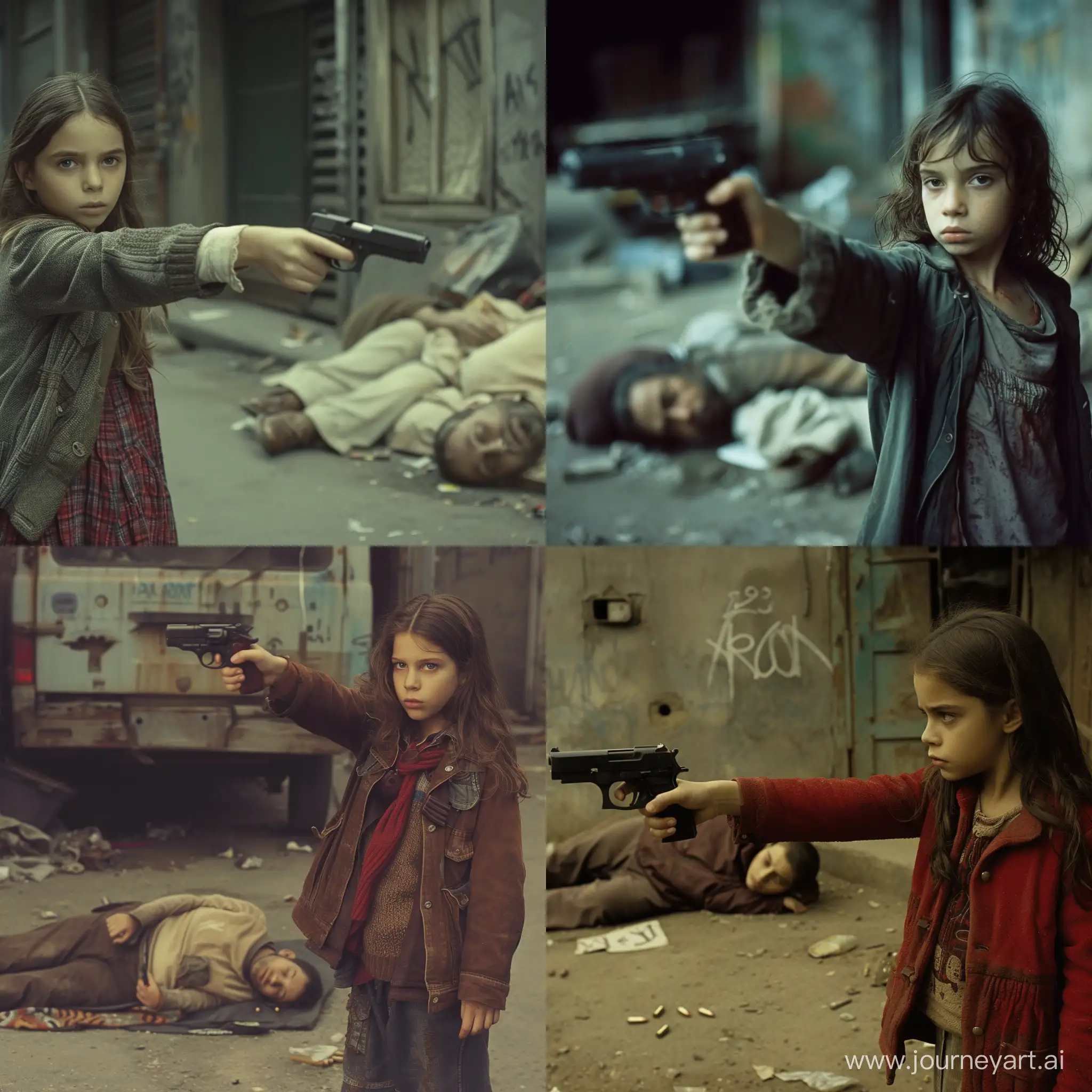 12-летняя девочка, она героиня фильма Леон, она маленькая Натали Портман, направляет пистолет на спящего бомжа. бедный квартал.
