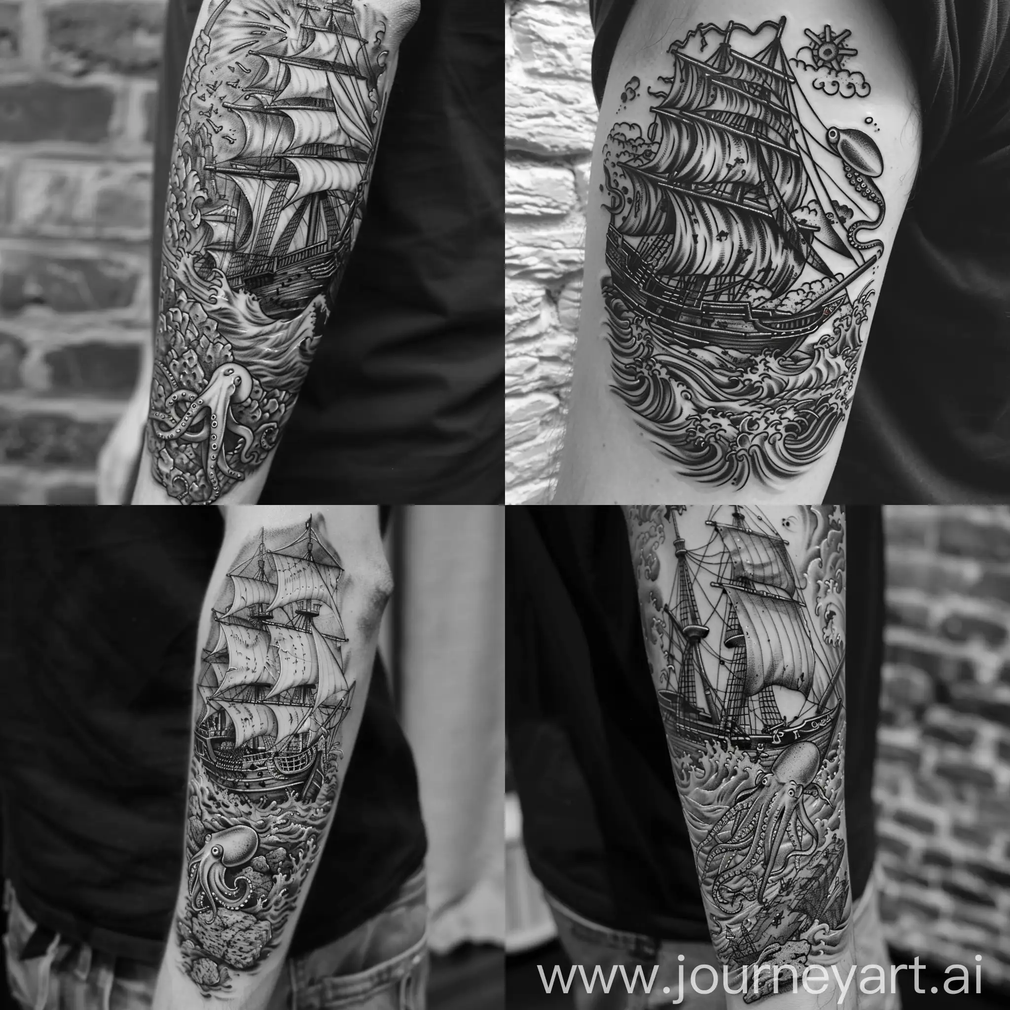 Black and white style tatoo,  of a pirate ship, giant squid, rough seas and a rocky reef