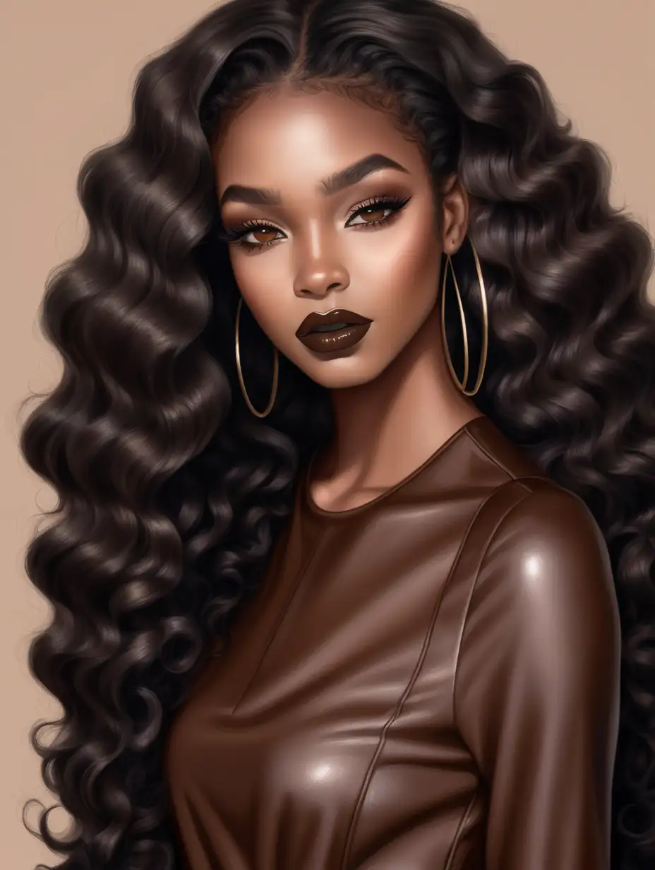 Images of a beautiful dark brown skin black woman wearing long black wavy hairstyle. Modeling a soft pretty makeup look wearing a dark colored chocolate brown lip gloss. She is wearing a chocolate brown leather top