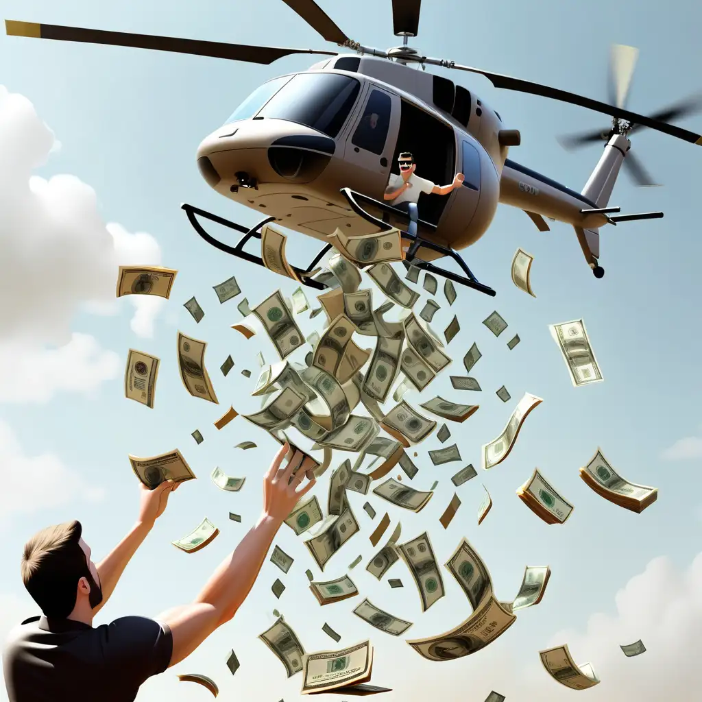 men flying in a helicopter throwing out money
