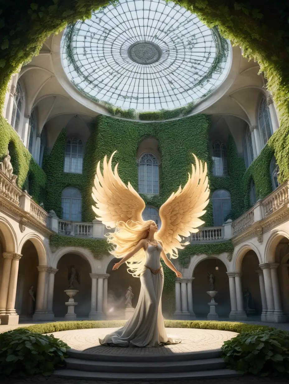 there is a courtyard in front of a large building covered in ivy. the courtyard is circular. around the outside of the courtyard are 5 large statues. one statue has wings. in the centre of the circle, a woman stands with long flowing blonde hair, she is surrounded by light and embers are floating through the air