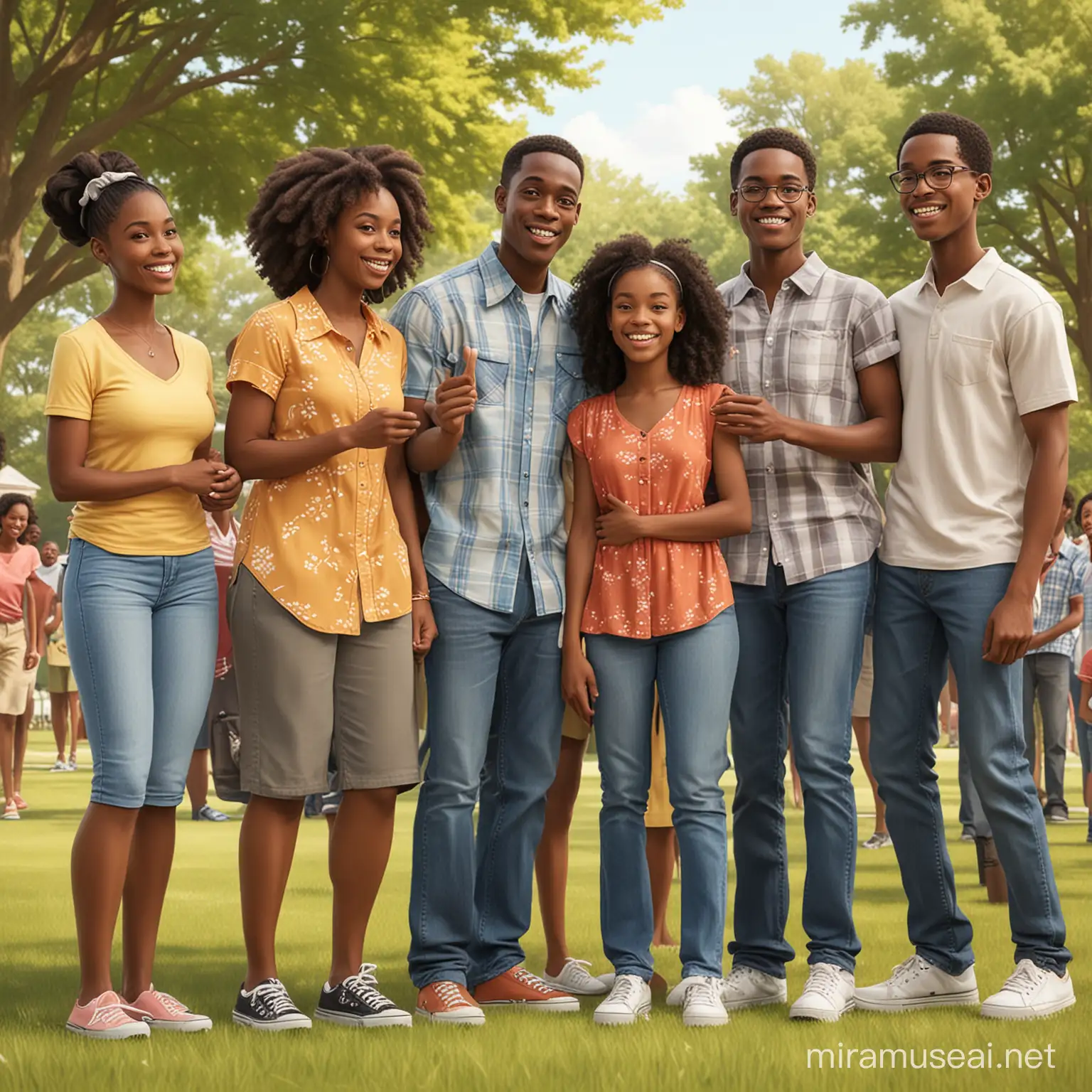 cartoon african american adults with teenagers at a family reunion