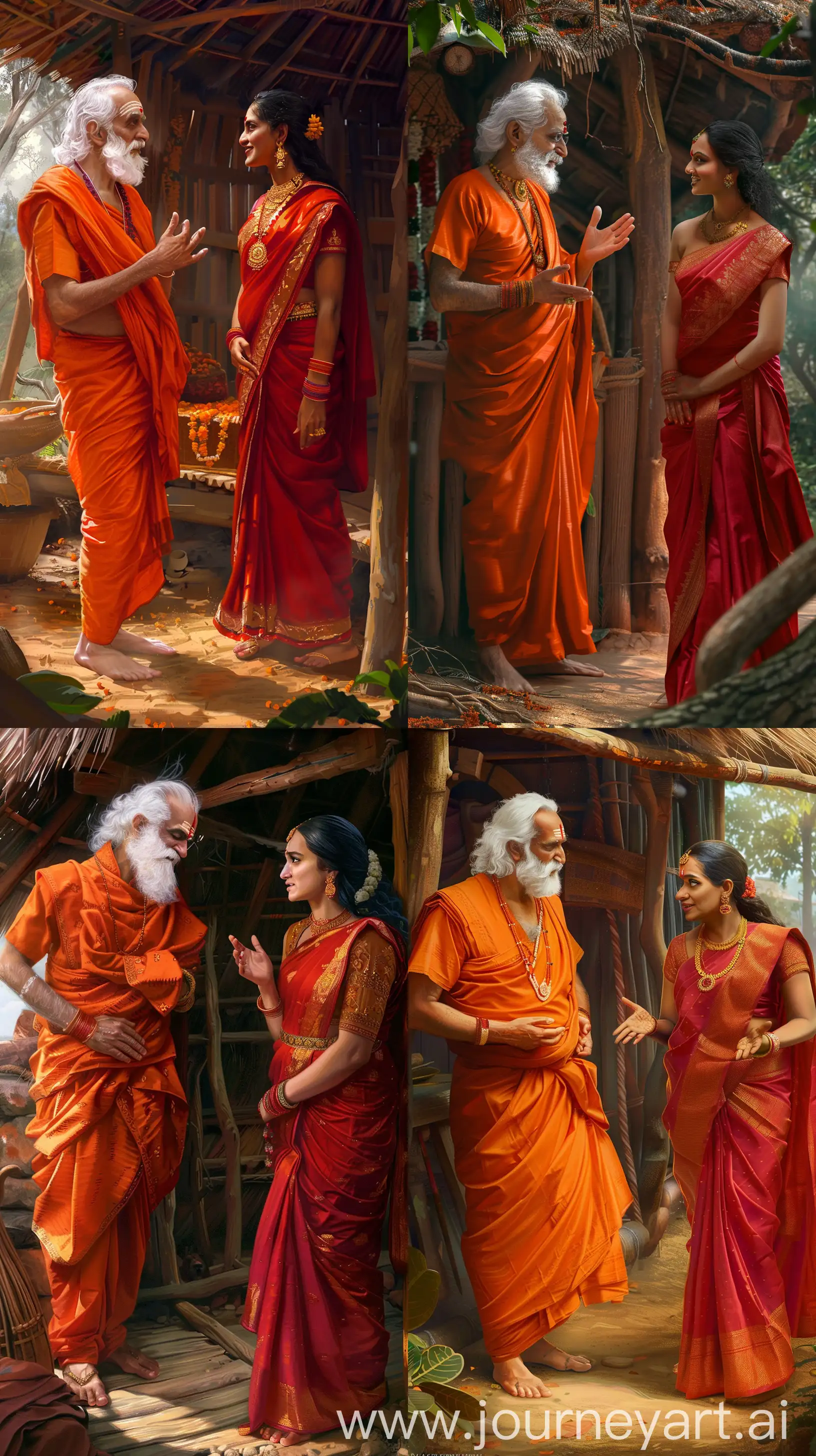 Realistic digital paintings depicting an Indian sage in orange attire, white haired and bearded, talking with a beautiful Indian woman in her thirties wearing a red saree inside a hut, vibrant colors, intricate details, UHD --ar 9:16 --v 6