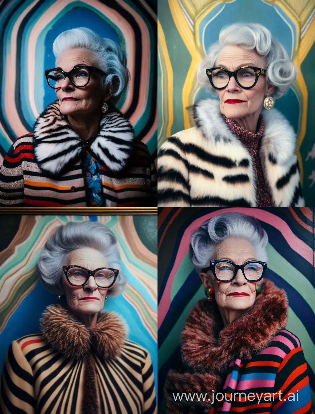 Elegant-Older-Russian-Woman-in-Eclectic-Fashion-Posing-by-Striped-Mural