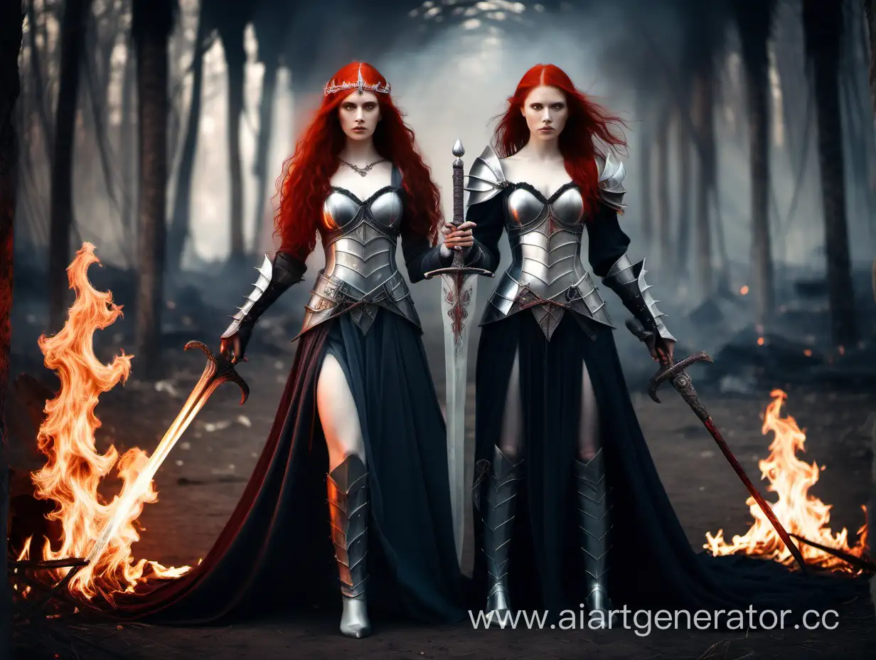 Enchantress-and-Warrior-Twins-Dark-Fantasy-Middle-Ages-Silver-Hair-and-Red-Hair