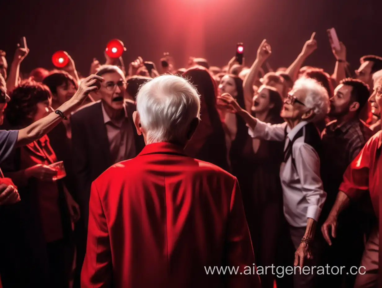 человек в центре толпы, взрослые-пожилые люди в тусовочных костюмах, атмосфера вечеринки, красные прожектора