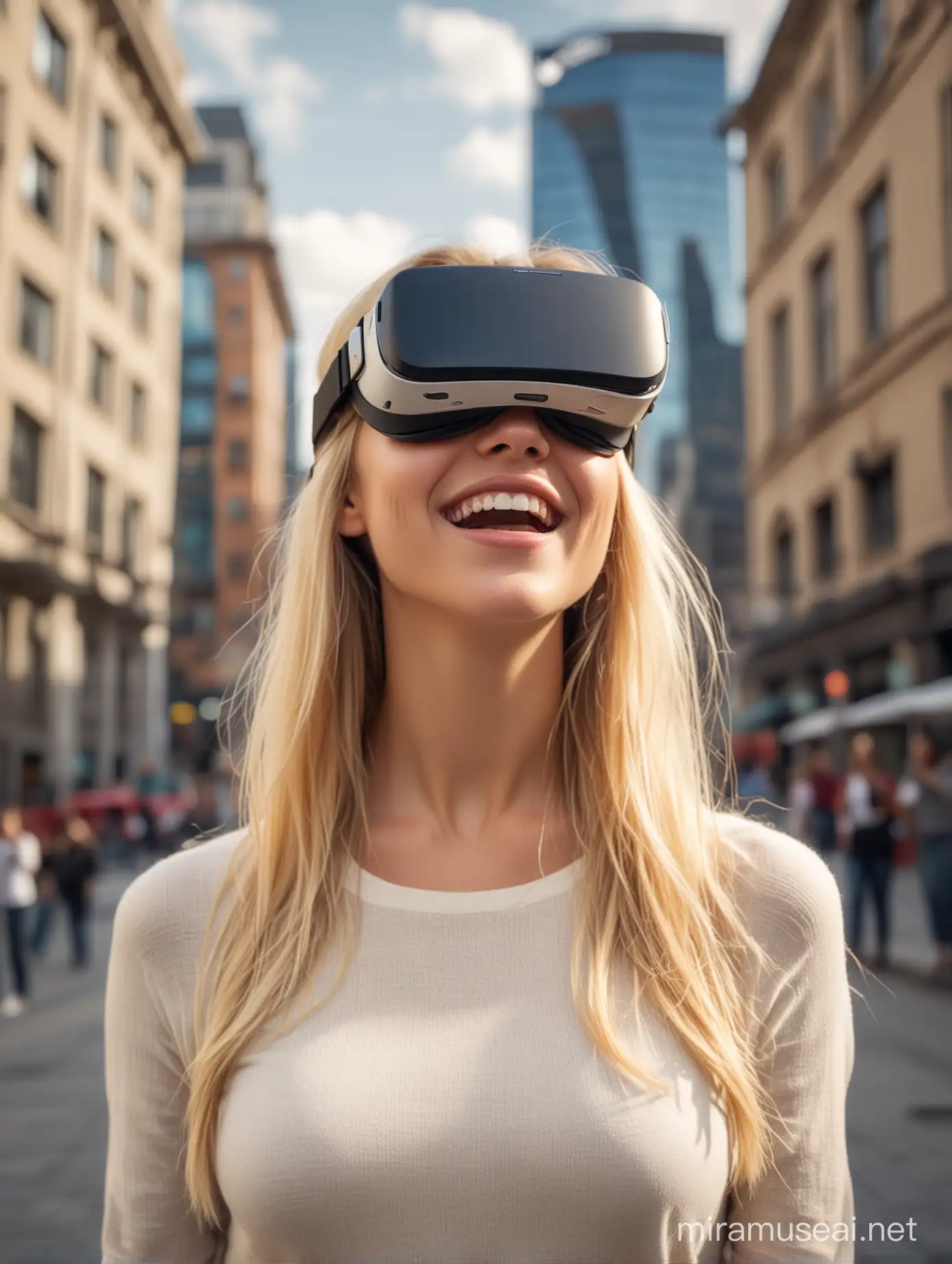 a blonde young caucassian woman with very slight skin imperfections that wears a wireless vr headset, excited face expression, blurred futurustic city backgorund