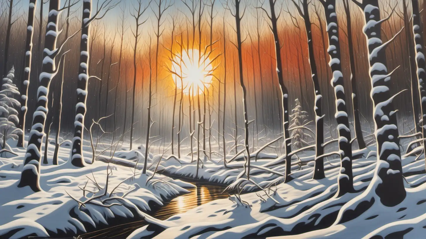 Painting of snowy forest with a bright sun in the background and some wildlife