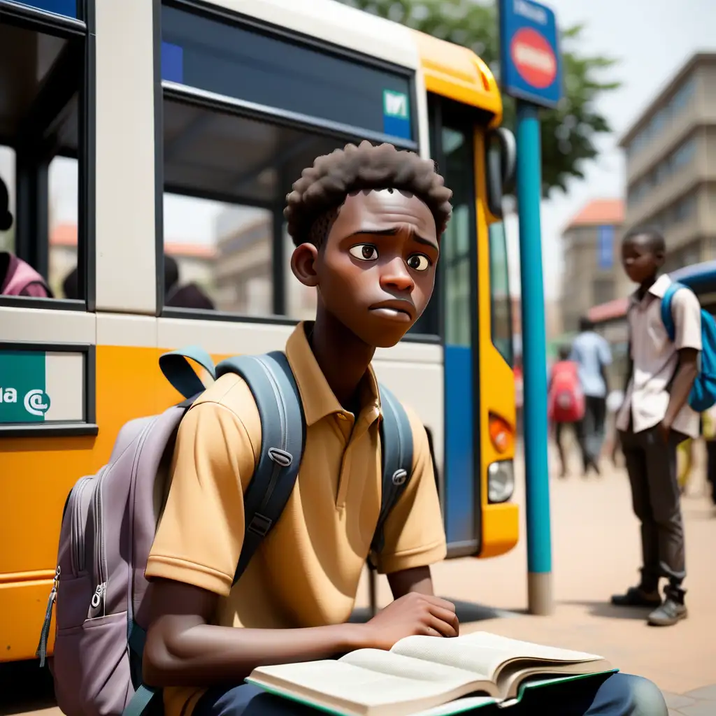 Nigerian Student Contemplating Studies at Urban Bus Stop