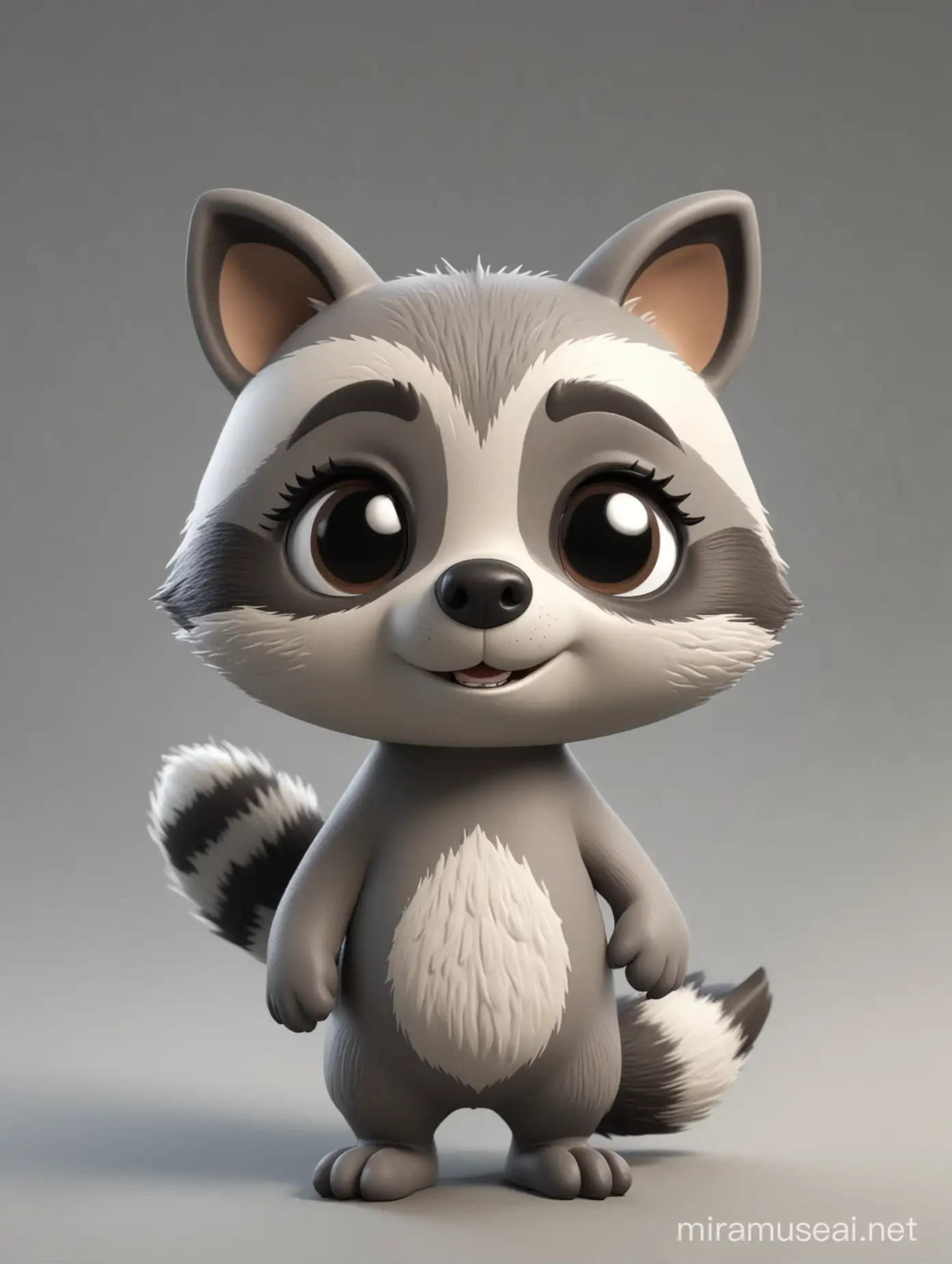 3D chibi racoon, simple and plain shapes, clay cartoon style, gray colors, high resolution