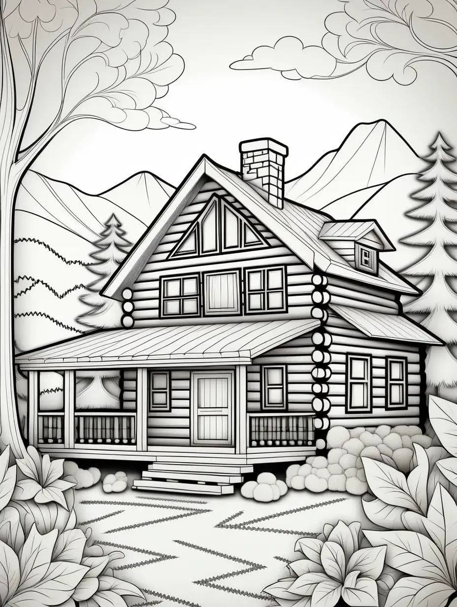 outline drawing, log cabin, background damask pattern, black and white drawing, unfilled patterns, simple line art, contour drawing, monochrome sketch, coloring book style, outlined shapes, line work for coloring, printable coloring page, clear edges, no shading