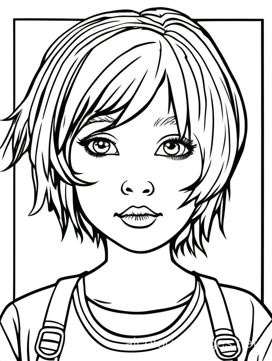 grunge girl short hair black and white, Coloring Page, black and white, line art, white background, Simplicity, Ample White Space. The background of the coloring page is plain white to make it easy for young children to color within the lines. The outlines of all the subjects are easy to distinguish, making it simple for kids to color without too much difficulty