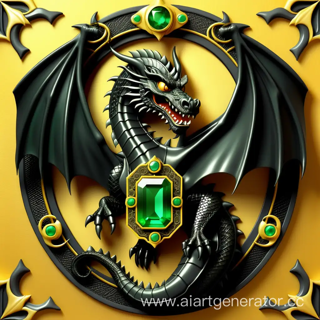 Значок черного дракон на золотом фоне, фон украшен изумрудами, рамка золотая