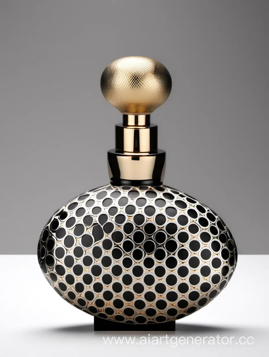 luxury perfume golden bottle and zamac cap, white and black, curvilinear oval with white and golden 5 circles inside decorative motif 